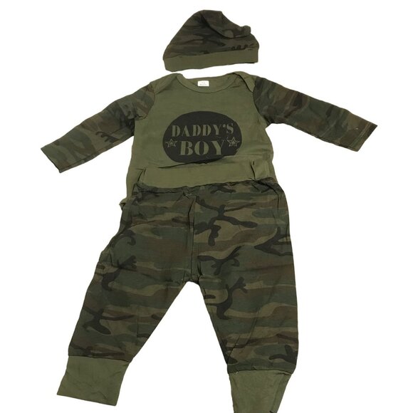 Daddys Boy Baby Boys Camo Set With Hat 3-6 Months Long Sleeve Army Green - Picture 1 of 13